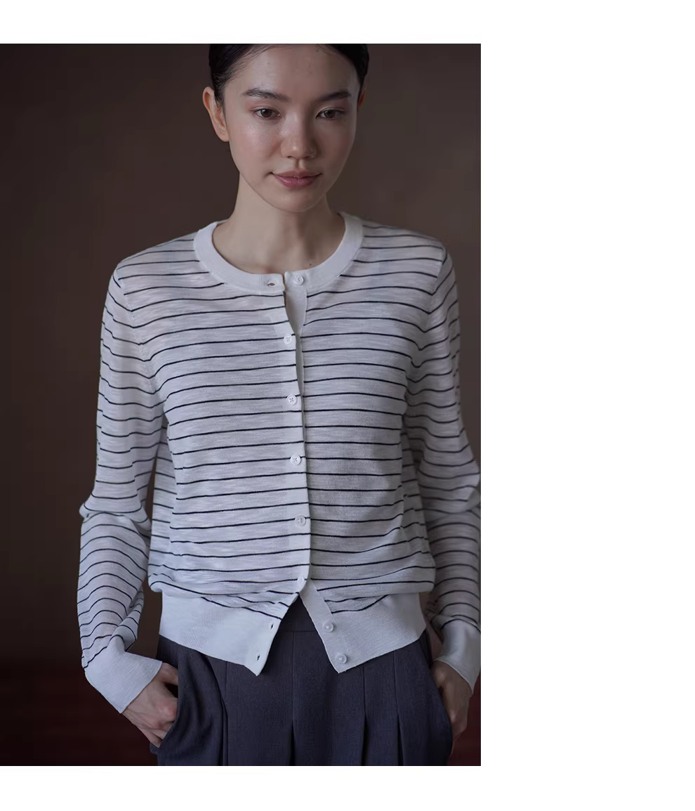 1/32竹節麻天然肌理法式條紋圓領寬鬆顯瘦針織開襟衫女,1/32竹節麻天然肌理法式條紋圓領寬鬆顯瘦針織開襟衫女,HBFS1062,1/32竹節麻天然肌理法式條紋圓領寬鬆顯瘦針織開襟衫女,圓領排扣,清爽舒適