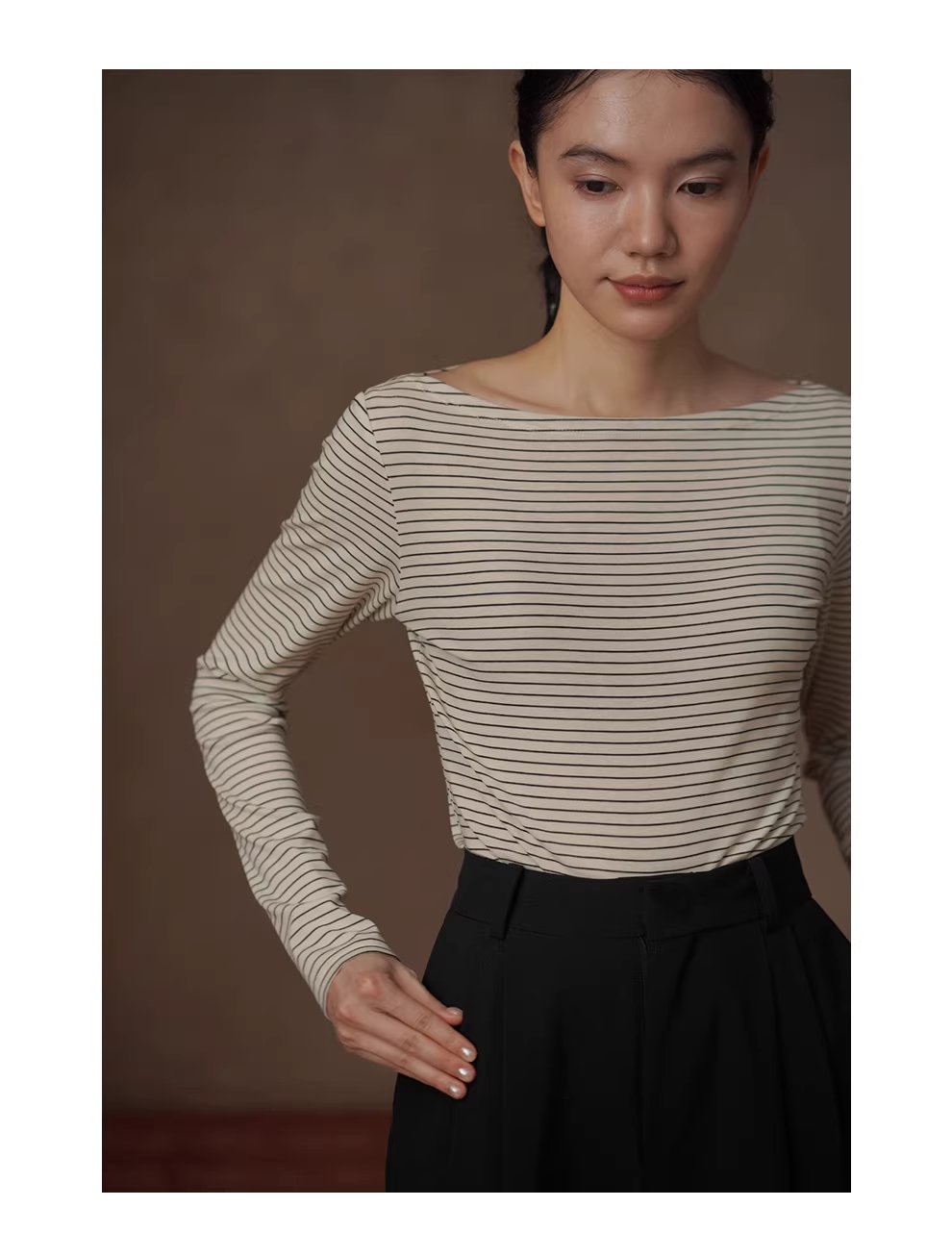 法式經典細條紋上衣氣質一字領正肩顯瘦長袖休閒百搭T恤,上衣,法式經典細條紋上衣氣質一字領正肩顯瘦長袖休閒百搭T恤,HBFS1065,法式經典細條紋上衣氣質一字領正肩顯瘦長袖休閒百搭T恤,彈性透氣