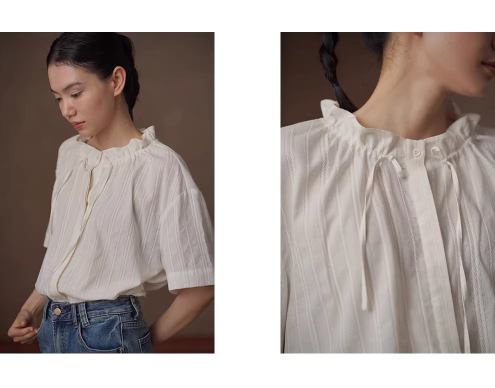 法式花邊立領亞麻棉混紡立體繡花豎條紋寬鬆短袖襯衫女,法式花邊立領亞麻棉混紡立體繡花豎條紋寬鬆短袖襯衫女,HBFS1066,法式花邊立領亞麻棉混紡立體繡花豎條紋寬鬆短袖襯衫女,立體花紋,法式剪裁