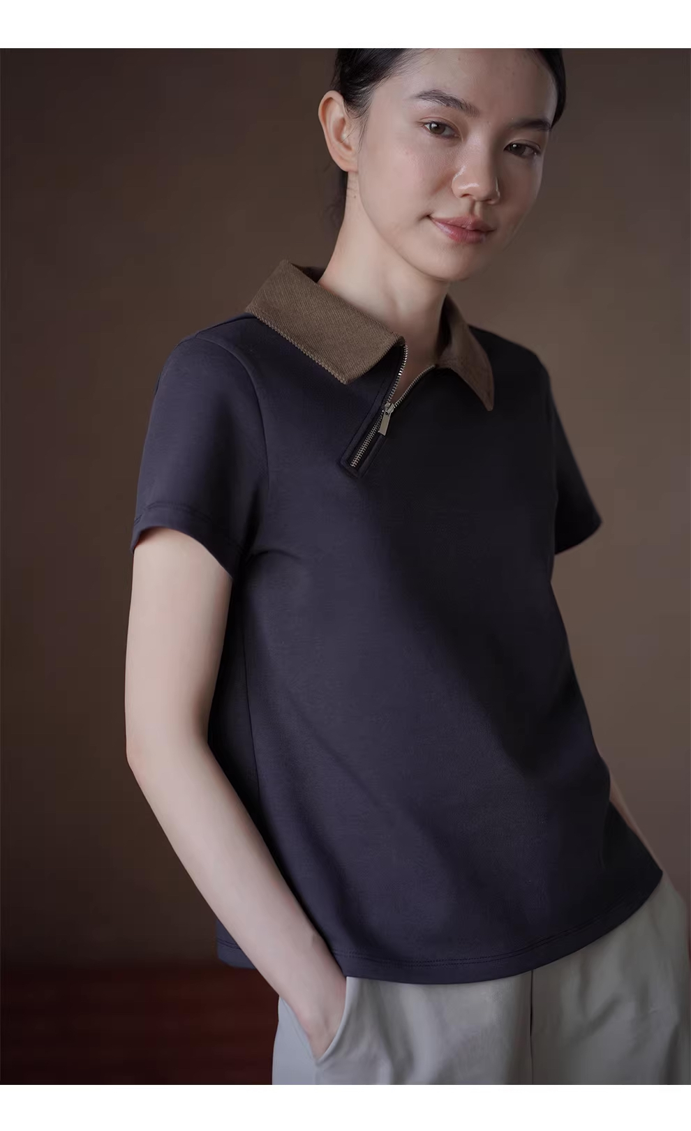 打破常規小眾設計感上衣撞色Polo領拉鍊斜門襟短袖T恤女,打破常規小眾設計感上衣撞色Polo領拉鍊斜門襟短袖T恤女,HBFS1071,打破常規小眾設計感上衣撞色Polo領拉鍊斜門襟短袖T恤女,撞色翻領,斜襟設計