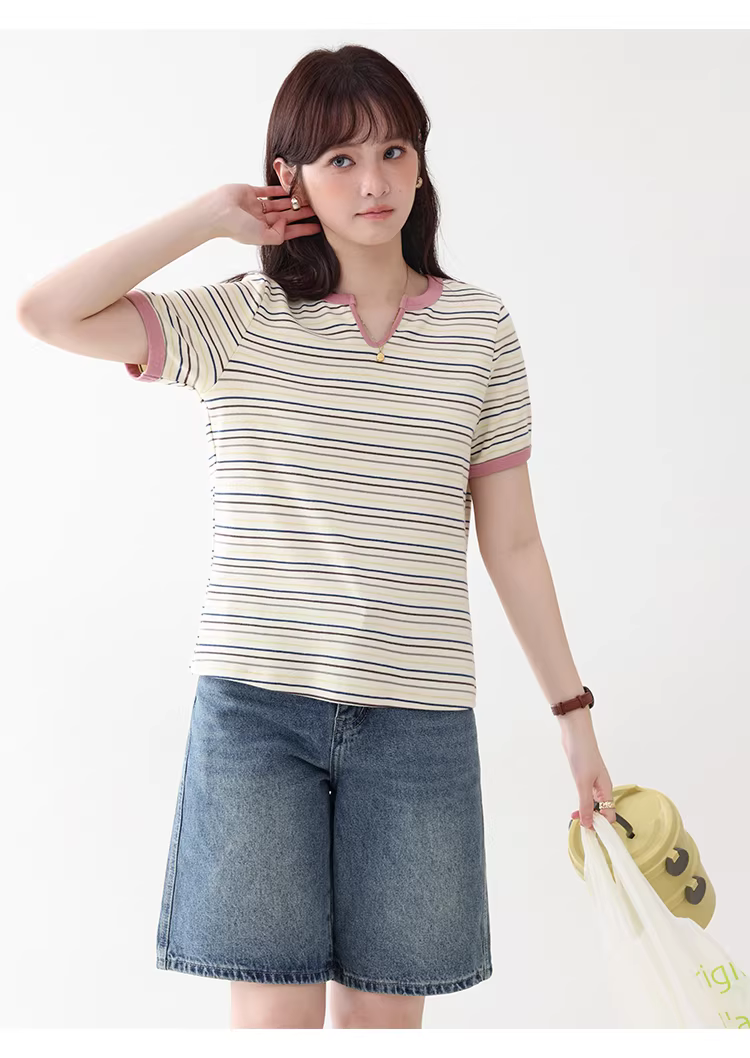 撞色圓V領彩色條紋T恤女26夏季新款減齡短袖上衣,撞色圓V領彩色條紋T恤女26夏季新款減齡短袖上衣,HBFS1082,撞色圓V領彩色條紋T恤女26夏季新款減齡短袖上衣,撞色橫紋,舒適面料