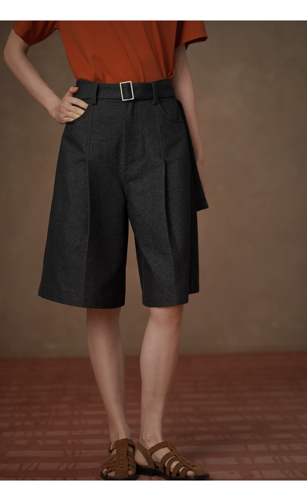 復古深海牛仔柔軟水洗可調式腰帶顯瘦寬鬆挺括五分短褲,復古深海牛仔柔軟水洗可調式腰帶顯瘦寬鬆挺括五分短褲,HBFS3026,復古深海牛仔柔軟水洗可調式腰帶顯瘦寬鬆挺括五分短褲,挺版親膚,高腰復古