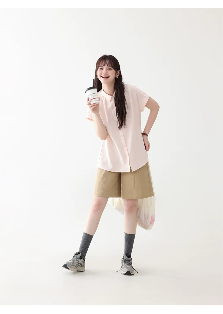 甜美純色小翻領短袖襯衫女夏新款寬鬆單排扣上衣,襯衫,韓系女裝,甜美純色小翻領短袖襯衫女夏新款寬鬆單排扣上衣,HBFS1100,甜美純色小翻領短袖襯衫女夏新款寬鬆單排扣上衣