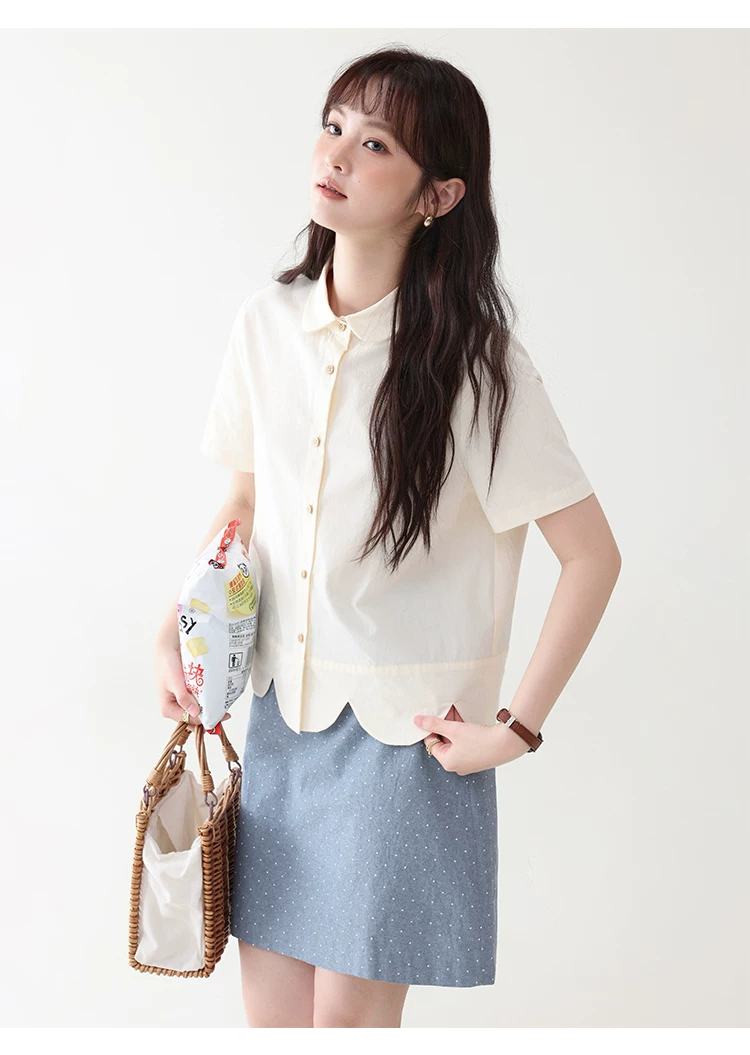 設計感波浪下擺純棉襯衫女夏新款減齡娃娃領上衣,設計感波浪下擺純棉襯衫女夏新款減齡娃娃領上衣,HBFS1112,設計感波浪下擺純棉襯衫女夏新款減齡娃娃領上衣,花邊衣襬,全棉面料