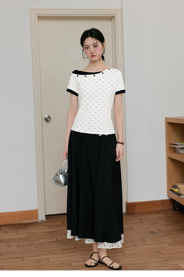 大尺碼胖mm假兩件短袖T恤女2026新款夏季白色斜領波點上衣女,大尺碼胖mm假兩件短袖T恤女2026新款夏季白色斜領波點上衣女,HBFS1178,大尺碼胖mm假兩件短袖T恤女2026新款夏季白色斜領波點上衣女,假兩件式,波點造型