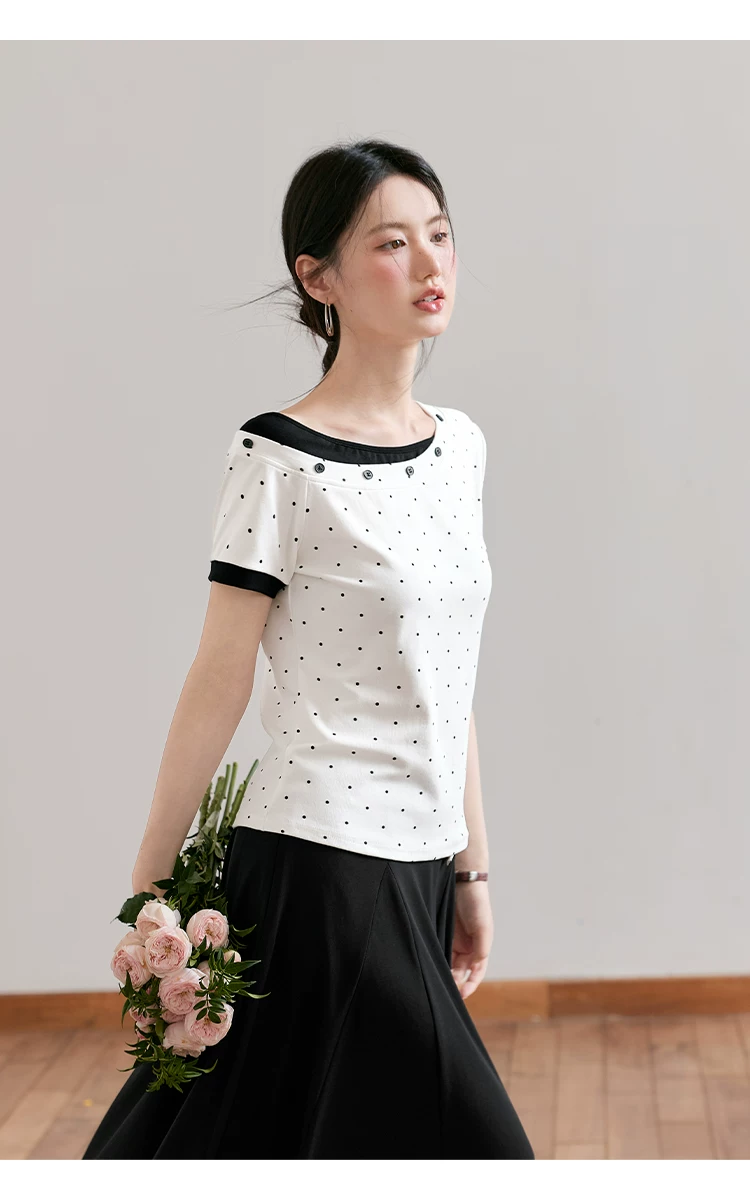 大尺碼胖mm假兩件短袖T恤女2026新款夏季白色斜領波點上衣女,大尺碼胖mm假兩件短袖T恤女2026新款夏季白色斜領波點上衣女,HBFS1178,大尺碼胖mm假兩件短袖T恤女2026新款夏季白色斜領波點上衣女,假兩件式,波點造型