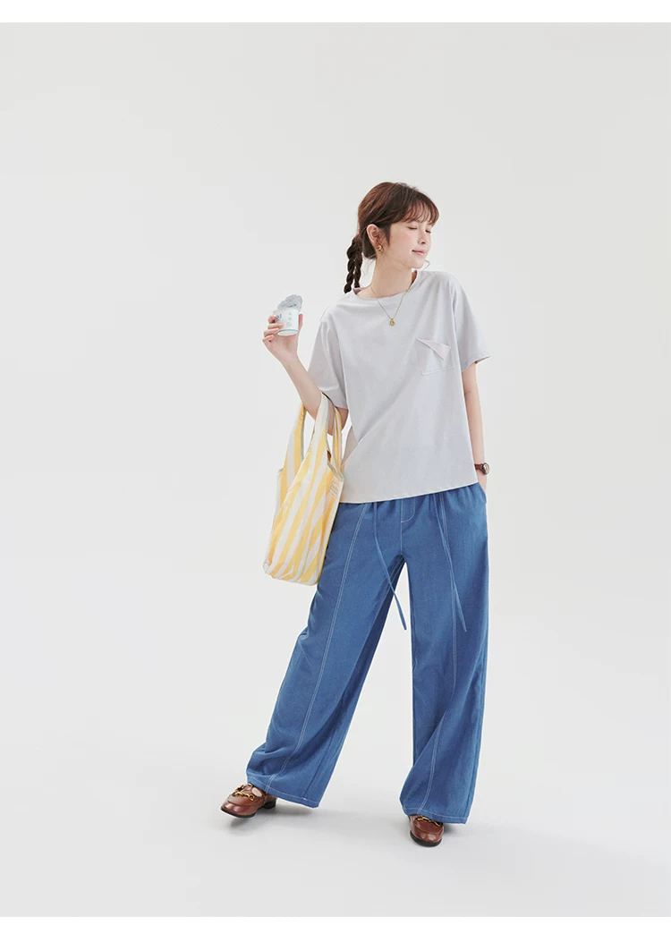 藍色仿牛仔壓線休閒褲女夏季新款鬆緊腰寬長褲,藍色仿牛仔壓線休閒褲女夏季新款鬆緊腰寬長褲,HBFS3074,藍色仿牛仔壓線休閒褲女夏季新款鬆緊腰寬長褲,高腰寬褲,外縫線設計