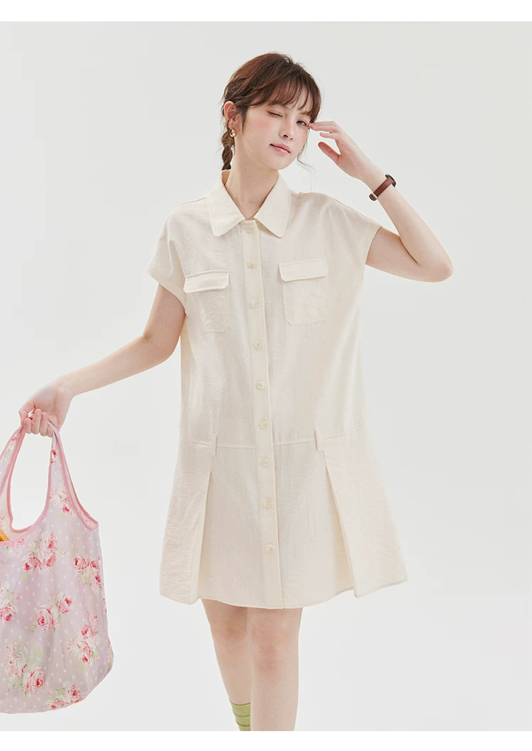 工裝感翻領壓褶洋裝女夏季新款減齡寬鬆短裙子,工裝感翻領壓褶洋裝女夏季新款減齡寬鬆短裙子,HBFS7145,工裝感翻領壓褶洋裝女夏季新款減齡寬鬆短裙子,工裝造型,壓褶細節