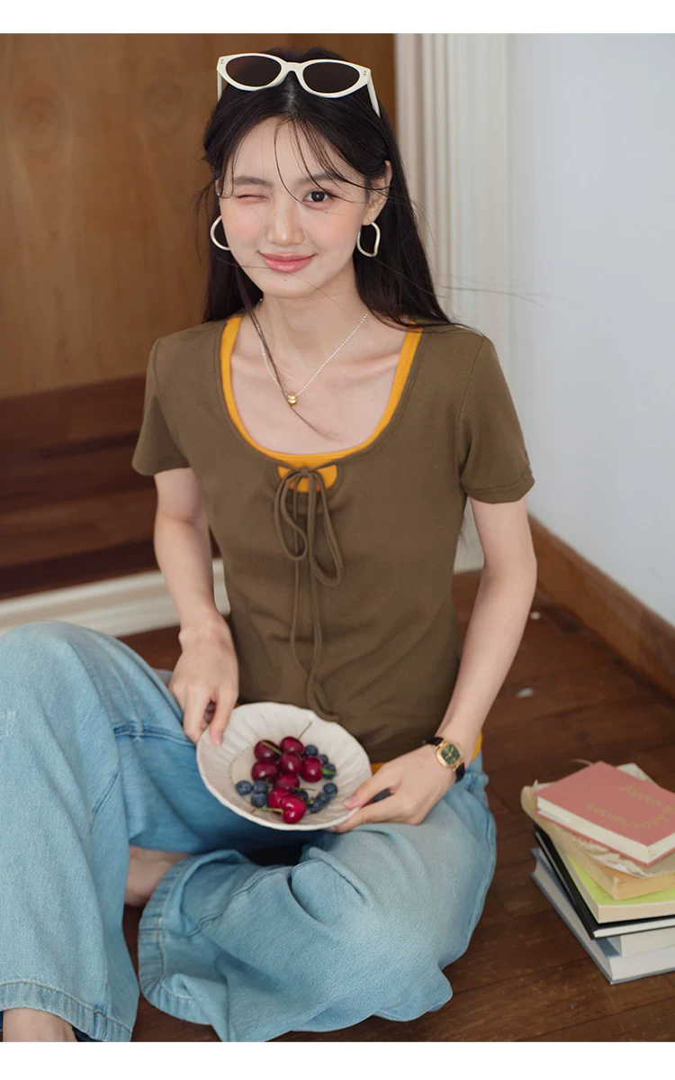 大尺碼正肩短袖T恤女2026新款夏季穿搭洋氣假兩件繫帶u領上衣,大尺碼正肩短袖T恤女2026新款夏季穿搭洋氣假兩件繫帶u領上衣,HBFS1307,大尺碼正肩短袖T恤女2026新款夏季穿搭洋氣假兩件繫帶u領上衣,中大尺碼,撞色拼接