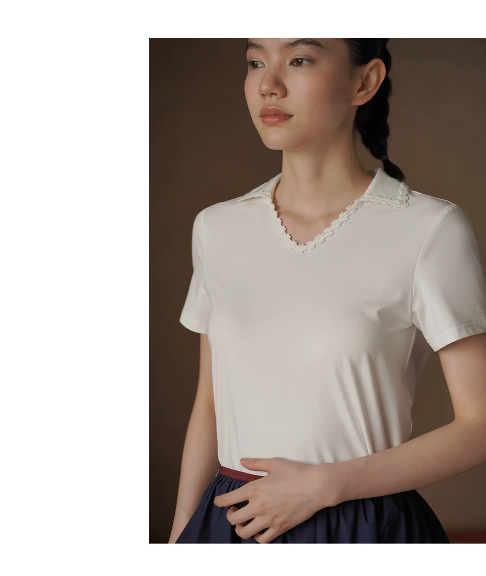 女孩日常T恤刺繡蕾絲拼接翻領V領柔軟彈性合身短袖上衣,女孩日常T恤刺繡蕾絲拼接翻領V領柔軟彈性合身短袖上衣,HBFS1356,女孩日常T恤刺繡蕾絲拼接翻領V領柔軟彈性合身短袖上衣,柔軟彈性,蕾絲拼接