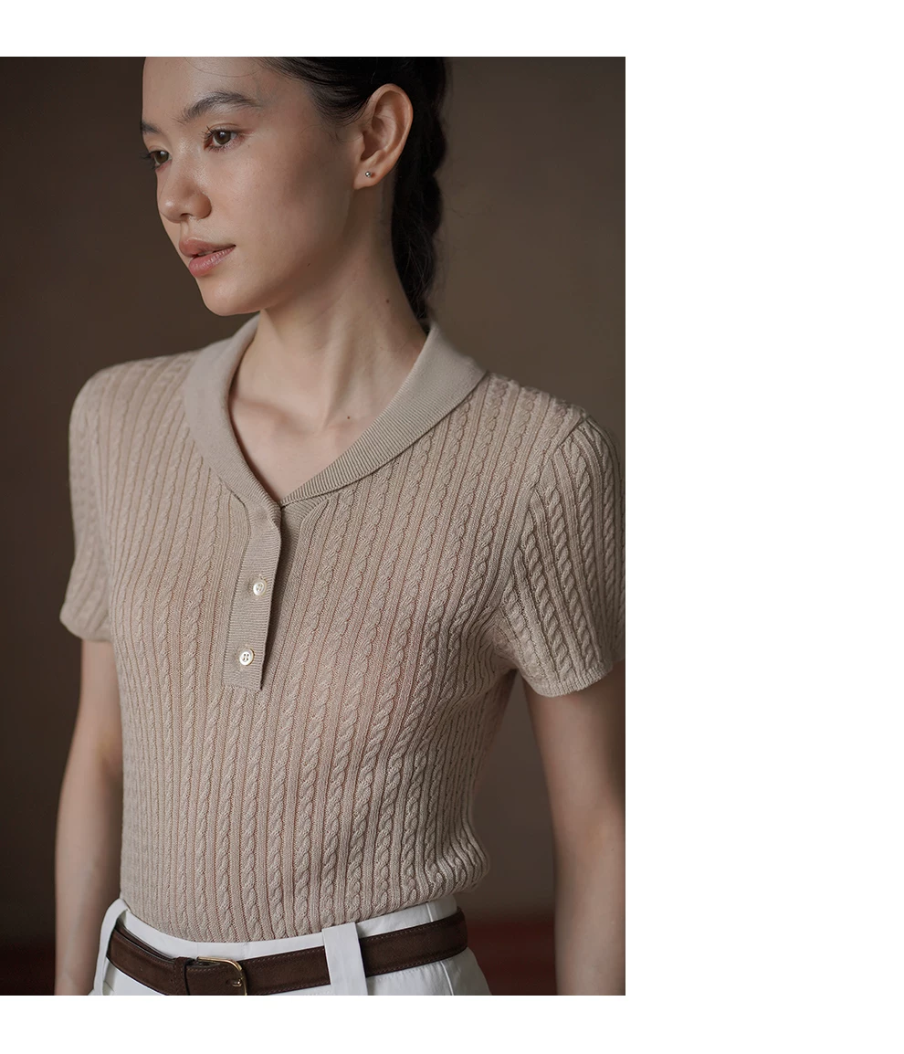 中古感精緻老錢絞花針織萊賽爾亞麻薄款Polo領短袖上衣,中古感精緻老錢絞花針織萊賽爾亞麻薄款Polo領短袖上衣,HBFS1366,中古感精緻老錢絞花針織萊賽爾亞麻薄款Polo領短袖上衣,復古簡約,精緻百搭