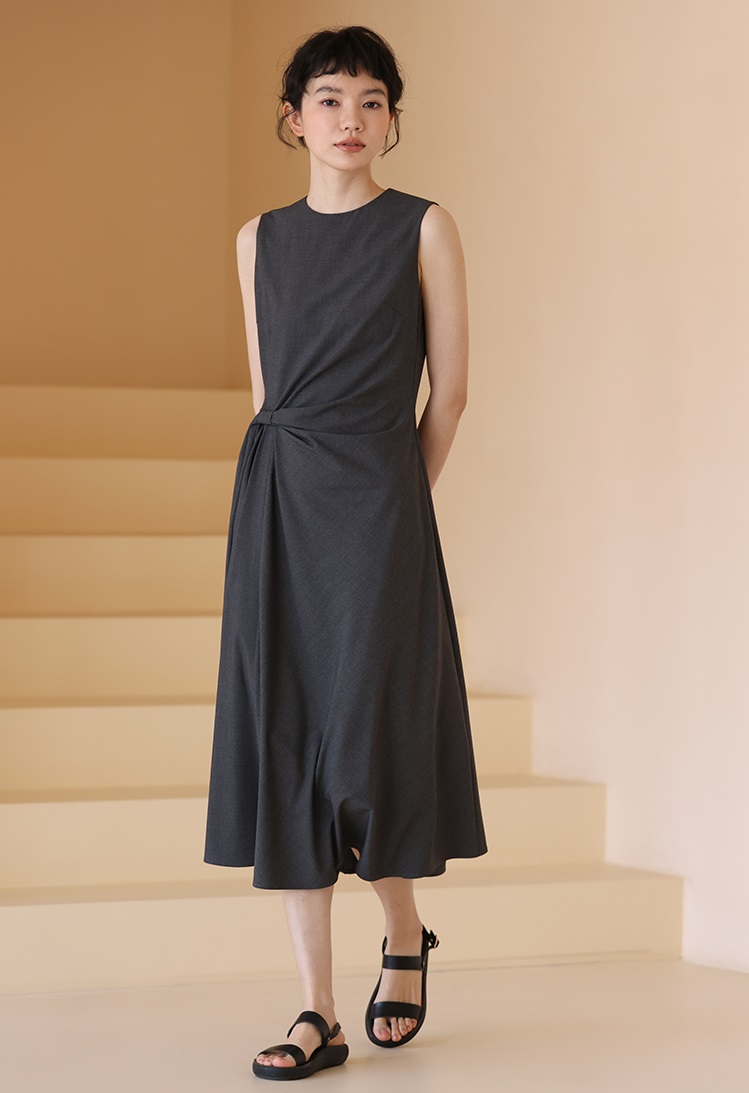 氣質女主高腰線扭結通勤瘦身遮肉連身裙洋裝,長洋裝,洋裝,無袖,輕甜,高雅