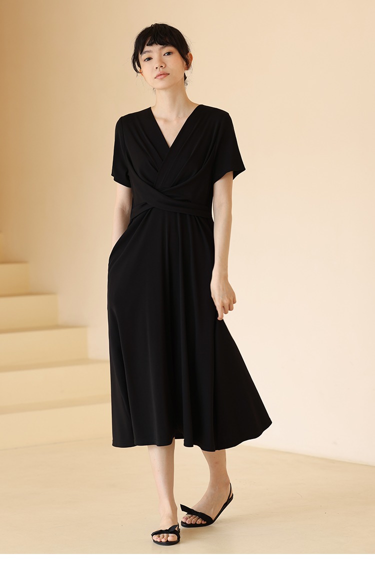 巴黎神女纏繞式彈力收腰好比例顯瘦V領連身裙洋裝,性感,時尚,清新,浪漫,洋裝