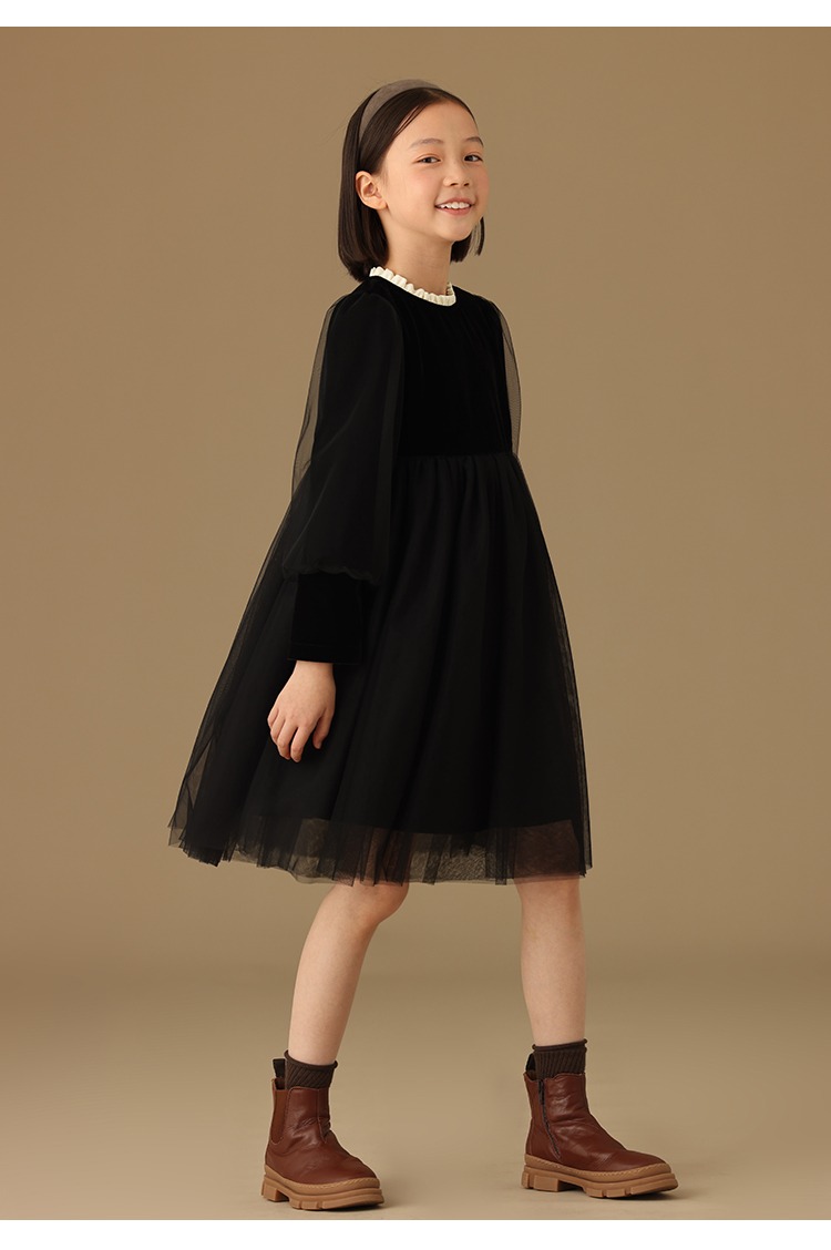 秋季洋氣黑色禮服絲絨裙公主網紗裙長袖連身裙洋裝