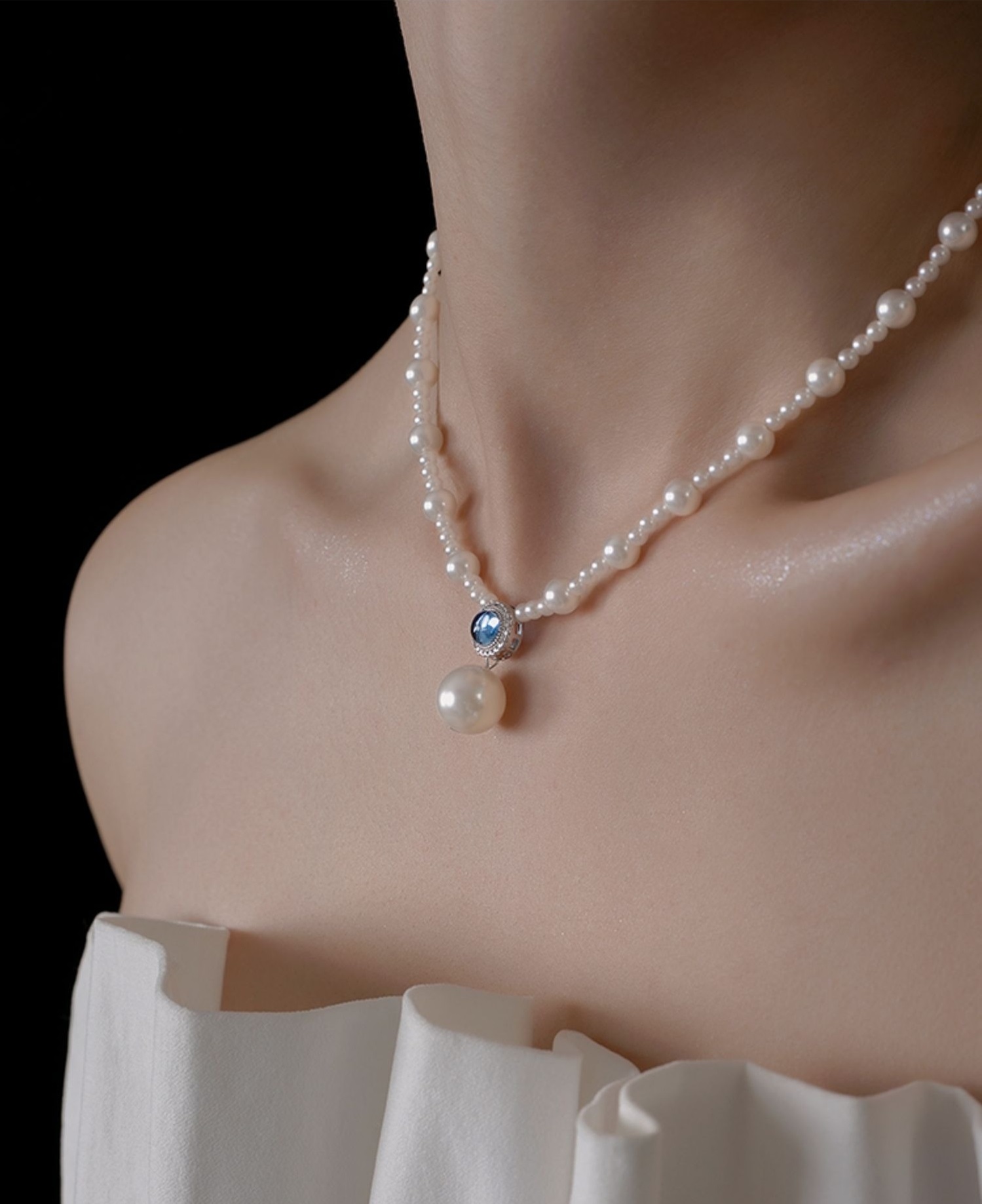 珍珠項鍊女高級氣質海藍寶吊墜設計感s925純銀輕奢百搭鎖骨鏈