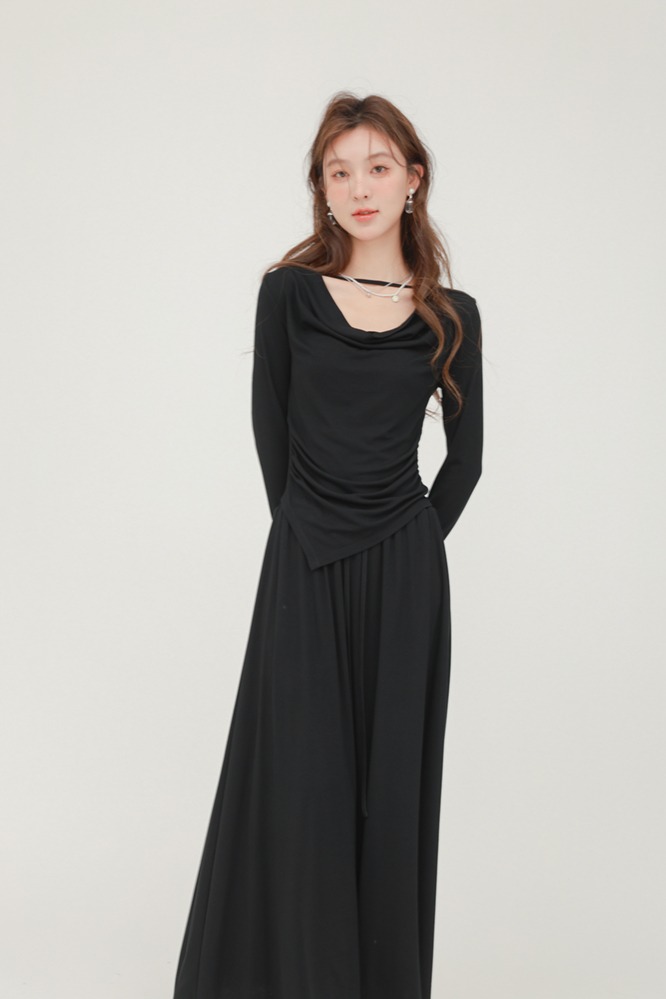 春季黑色薄款長袖T卹女中長半身裙套裝兩件套復古上衣洋裝