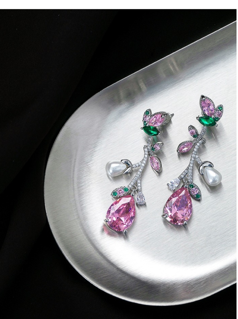 粉紅色水晶鋯石珍珠耳環女高級大氣流蘇設計輕奢春夏新品耳環