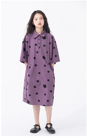 紫蘇點點印花Polo衫洋裝夏日女孩休閒短袖裙子連身裙