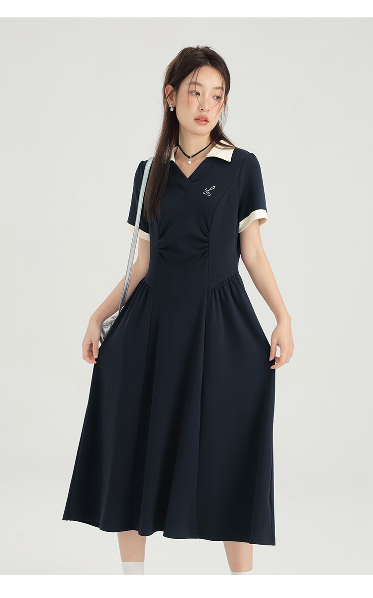大尺碼深藍色polo洋裝新品女夏韓版鬆弛感顯瘦休閒長裙連身裙