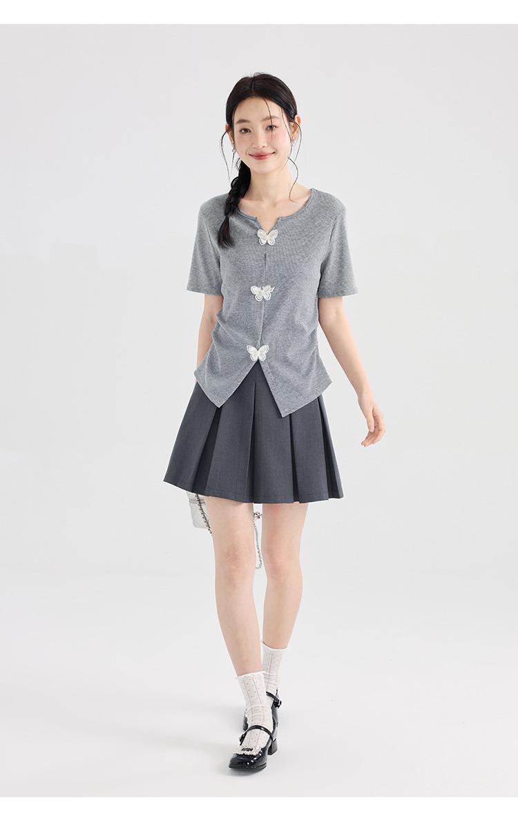 大尺碼灰色針織T卹女新品短袖設計感氣質立體蝴蝶上衣