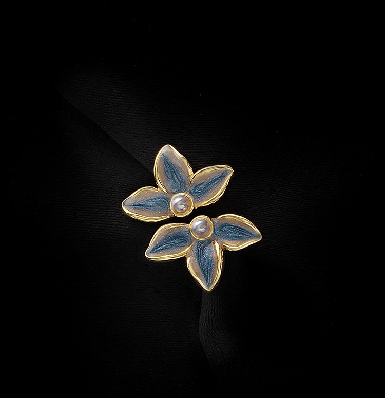滴釉藍金色花朵耳環