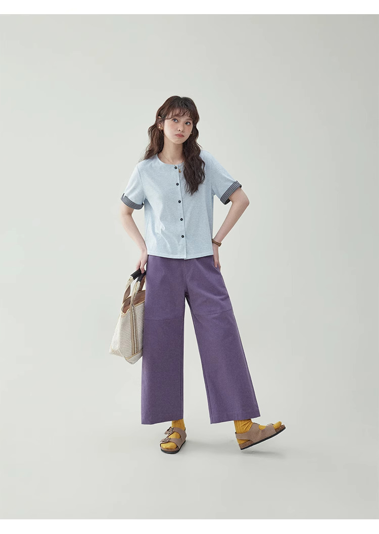 紫色鬆緊高腰寬腿休閒褲女夏季新款小眾寬鬆長褲