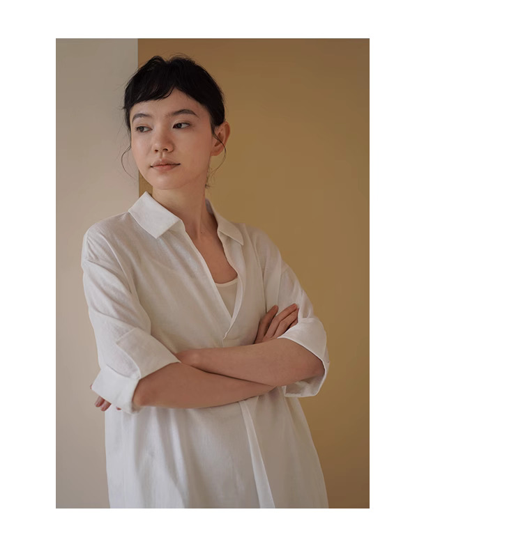 清晰竹節肌理柔光亞麻清涼寬鬆防透兩件式襯衫洋裝女