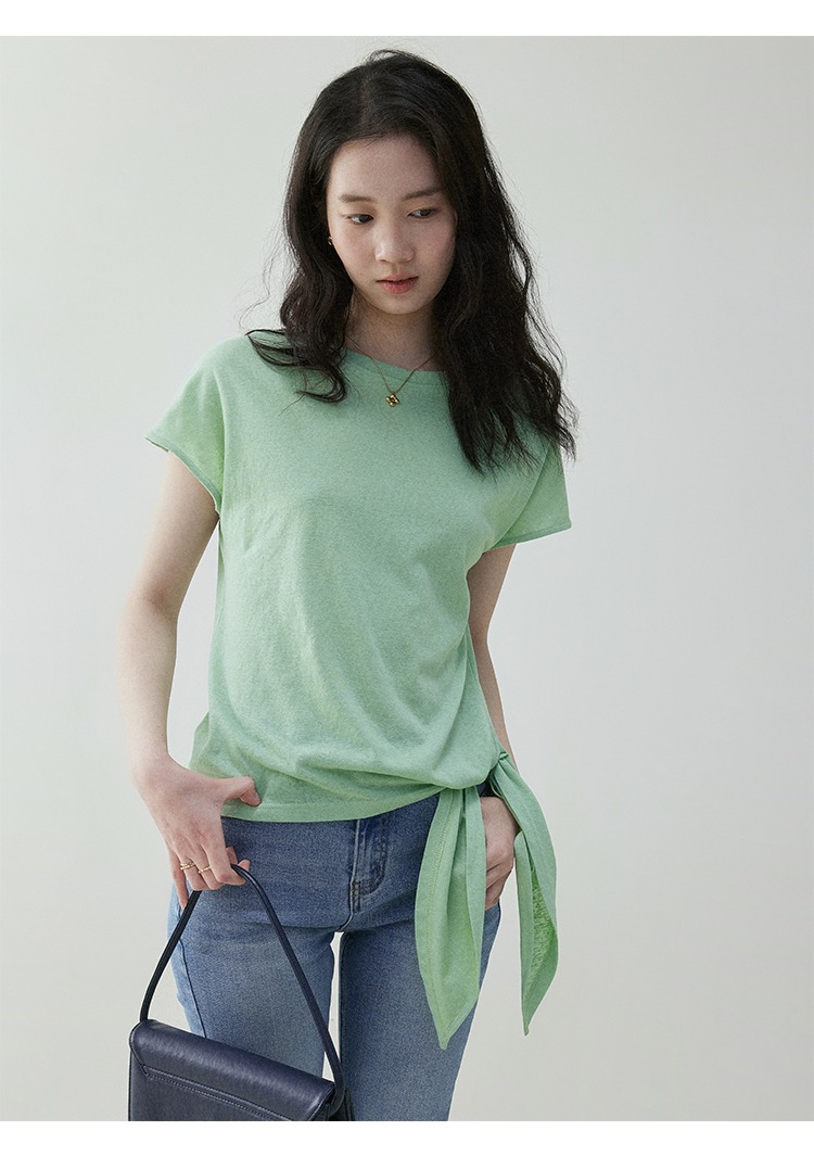 韓國純色不規則側邊繫帶T卹女25夏季圓領寬鬆上衣