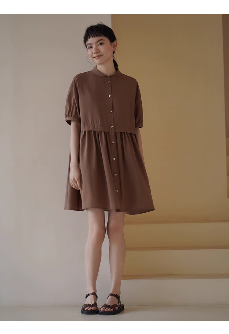 復古烤肉桂洋裝精緻小翻領寬鬆垂順顯瘦A字短裙女