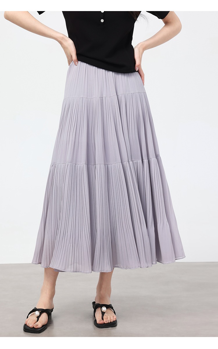大尺碼高腰紫色半身裙女夏寬鬆雪紡裙氣質百褶裙長款