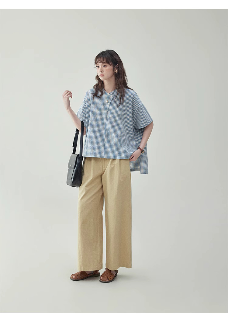 藍格紋不規則蝙蝠袖襯衫女夏季新款寬鬆套頭上衣