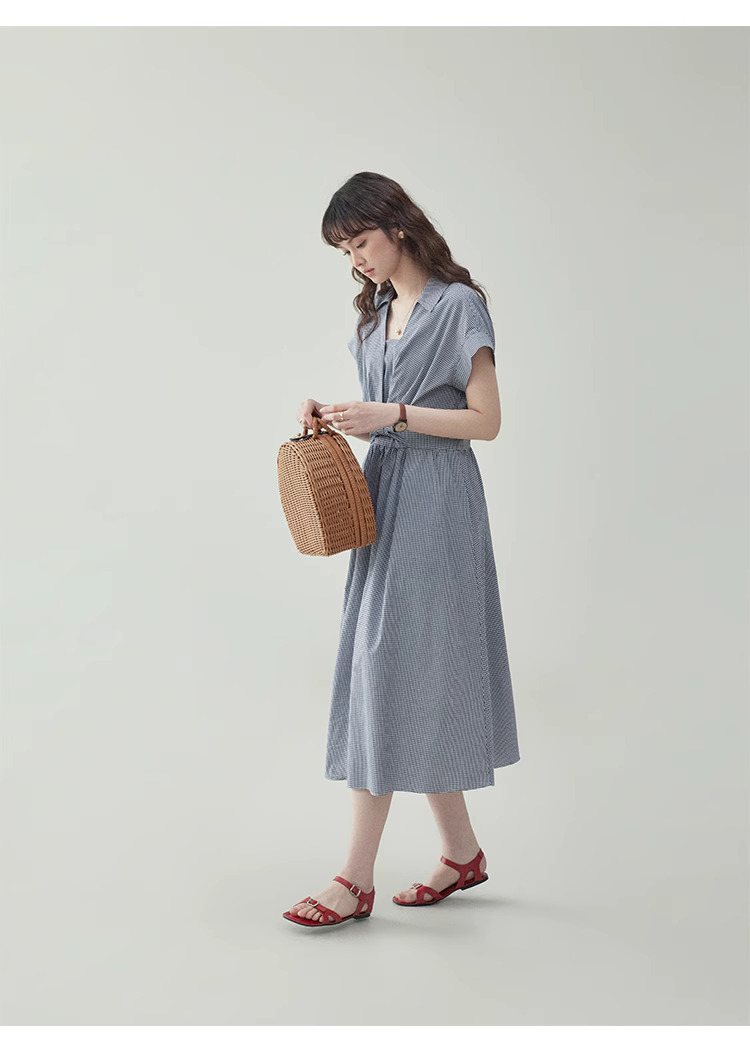 黑白格紋扭結短袖連身裙女夏季新款收腰a字中裙