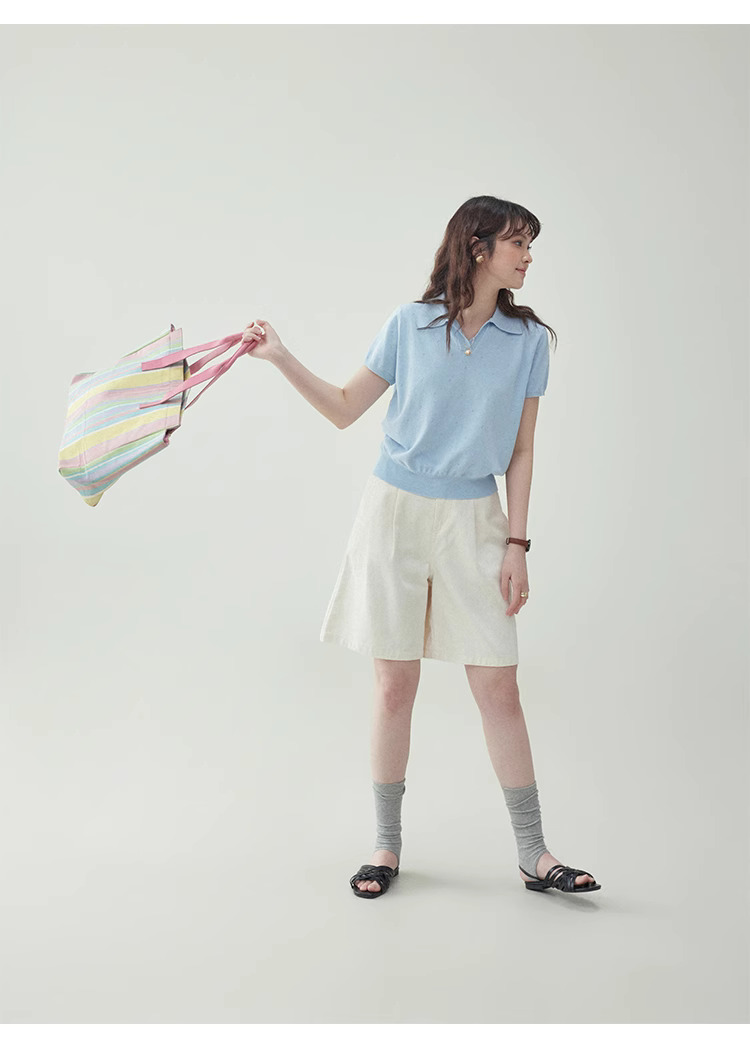 藍色翻v領短針織衫t卹女夏季新款提花短袖上衣