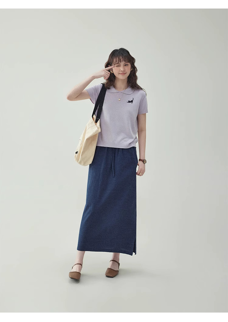 小貓繡花娃娃領針織t卹女夏新款寬鬆短袖上衣