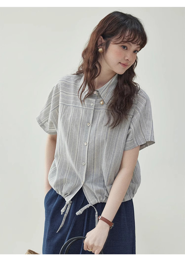 復古條紋純棉抽繩襯衫女夏季新款單排扣短袖上衣