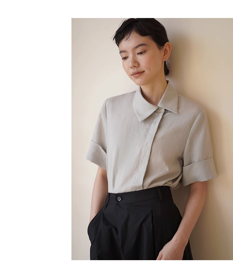 水墨煙藍襯衫涼爽萊賽爾亞麻斜翻領正側門襟寬鬆短袖女