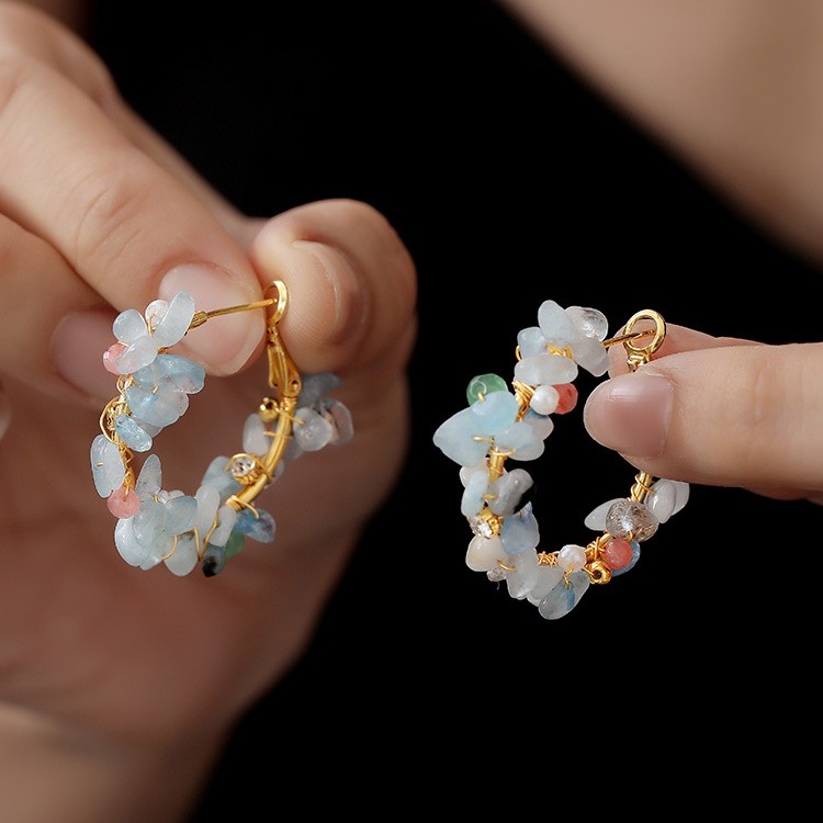 海藍寶碎石晶獨特設計高級感夏季小清新耳環耳飾品