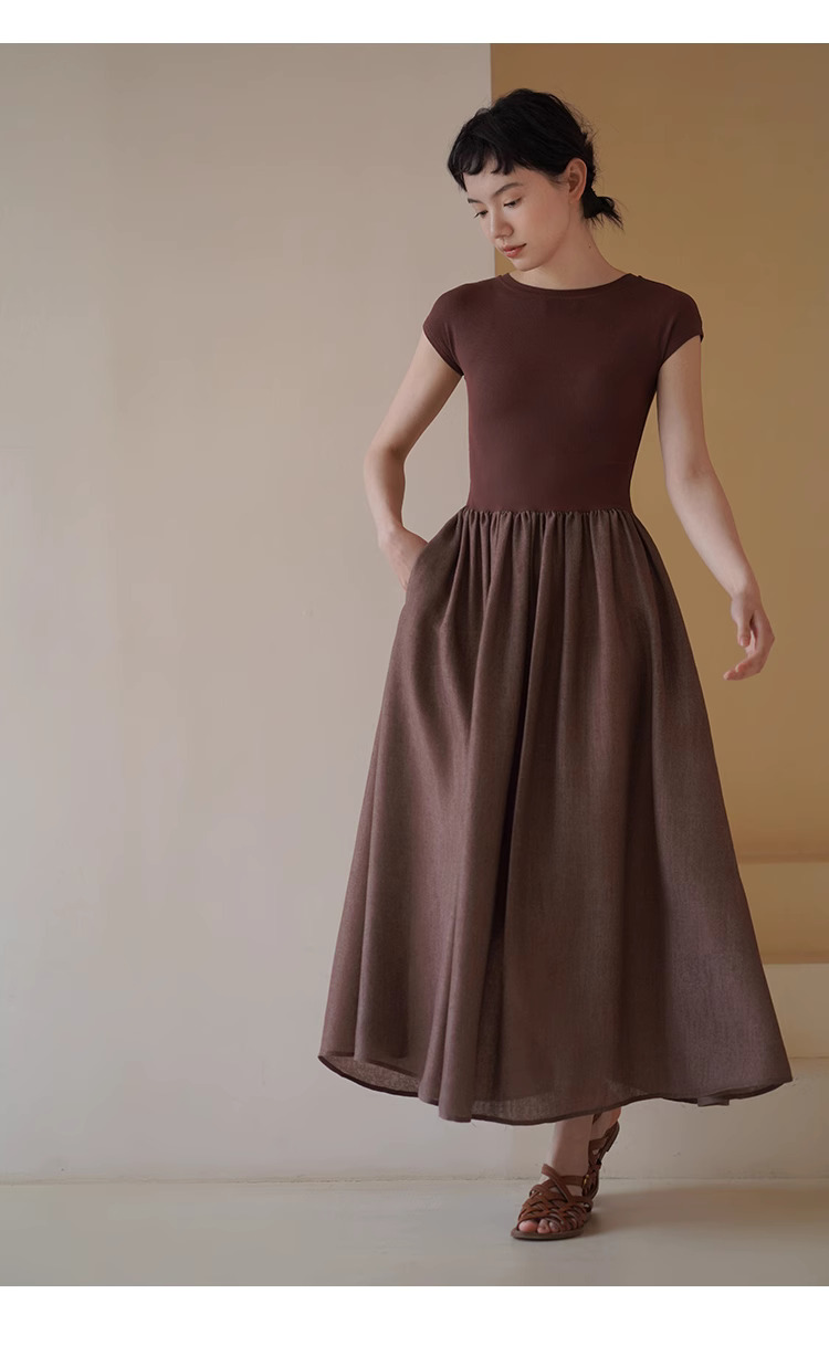 顯白特調赭紅彈性針織拼接大裙擺合身顯瘦梨形洋裝女