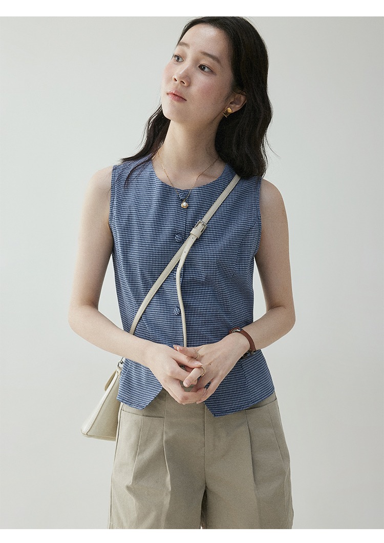 法式撞色格紋圓領無袖背心女夏季新款氣質減齡上衣