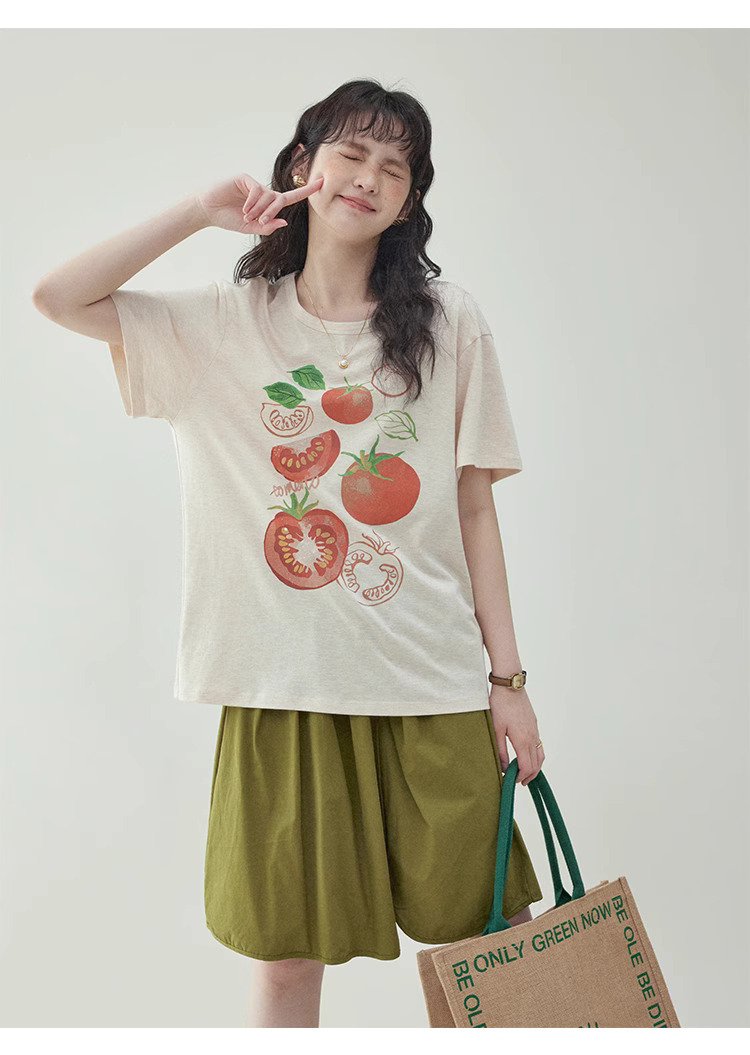 番茄印花圓領純棉短袖T恤女夏季新款少女感上衣