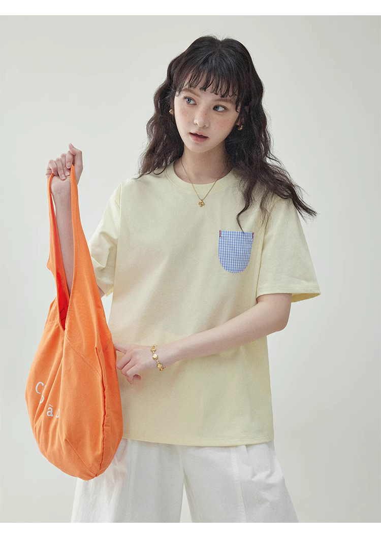 奶黃色藍格口袋純棉T恤女夏季新款減齡短袖上衣