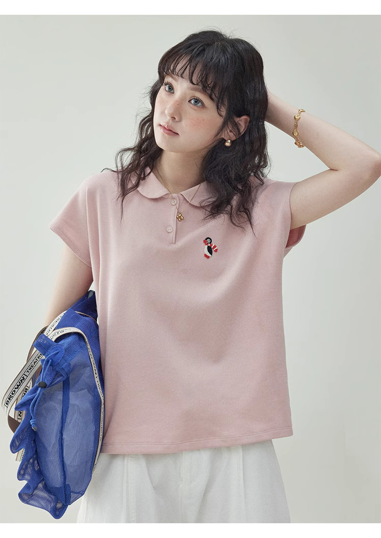 粉紅娃娃領企鵝刺繡T恤女夏季新款減齡短袖上衣