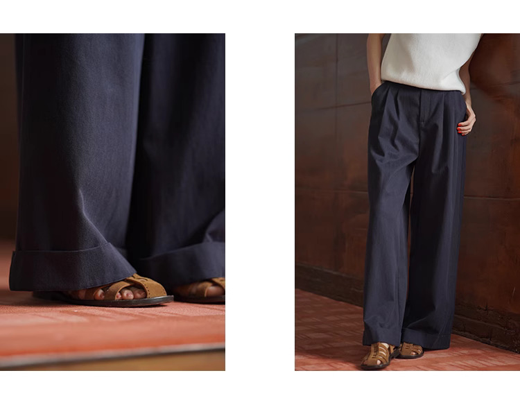 筆筆直修腿長褲萊賽爾棉挺括寬鬆高腰折邊休閒闊腿褲女