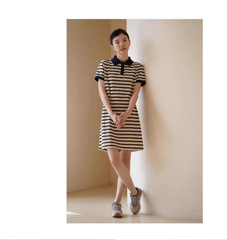 美式條紋日洋裝24支雙紗平紋棉混紡顯瘦撞色Polo裙女