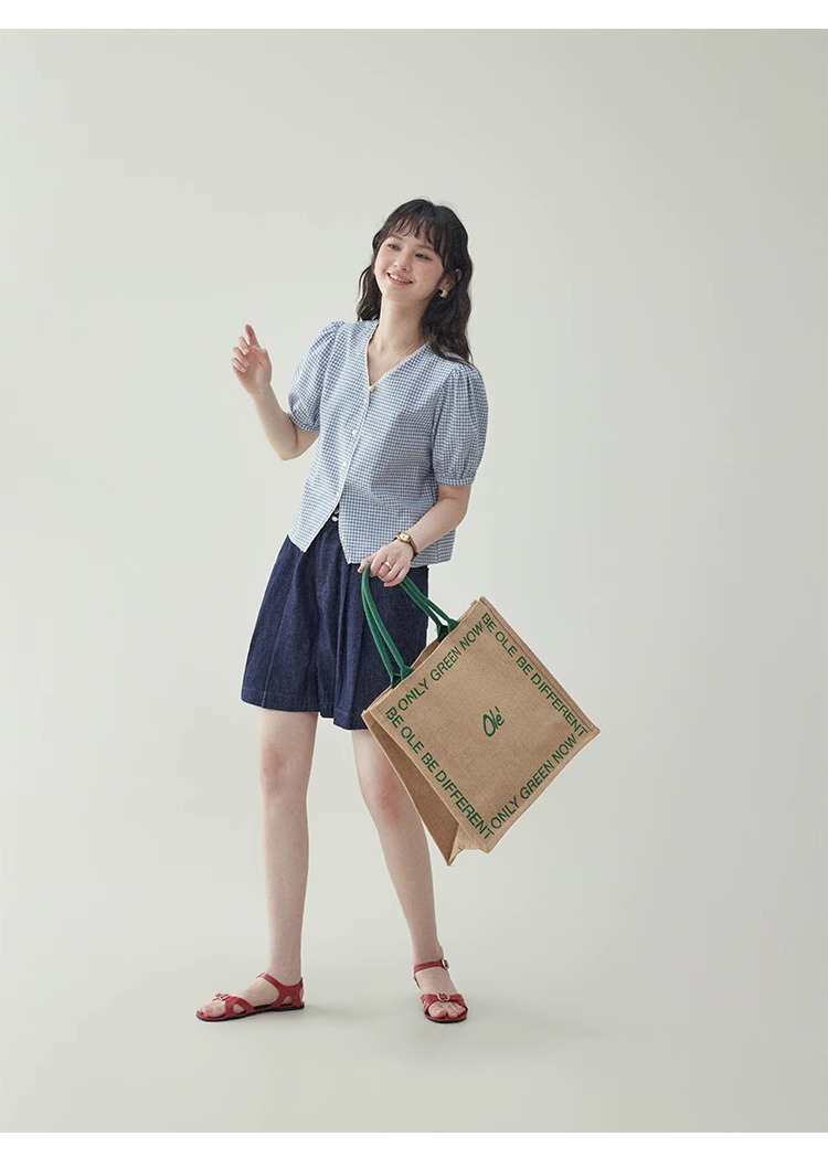 藍格泡泡袖短版純棉襯衫女夏季新款甜美寬鬆上衣