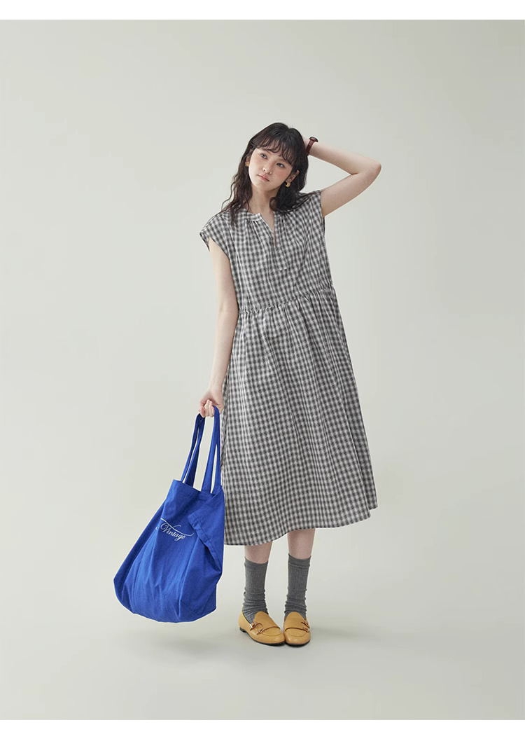 黑格抽繩v領純棉洋裝女夏季新款a字短袖中長裙