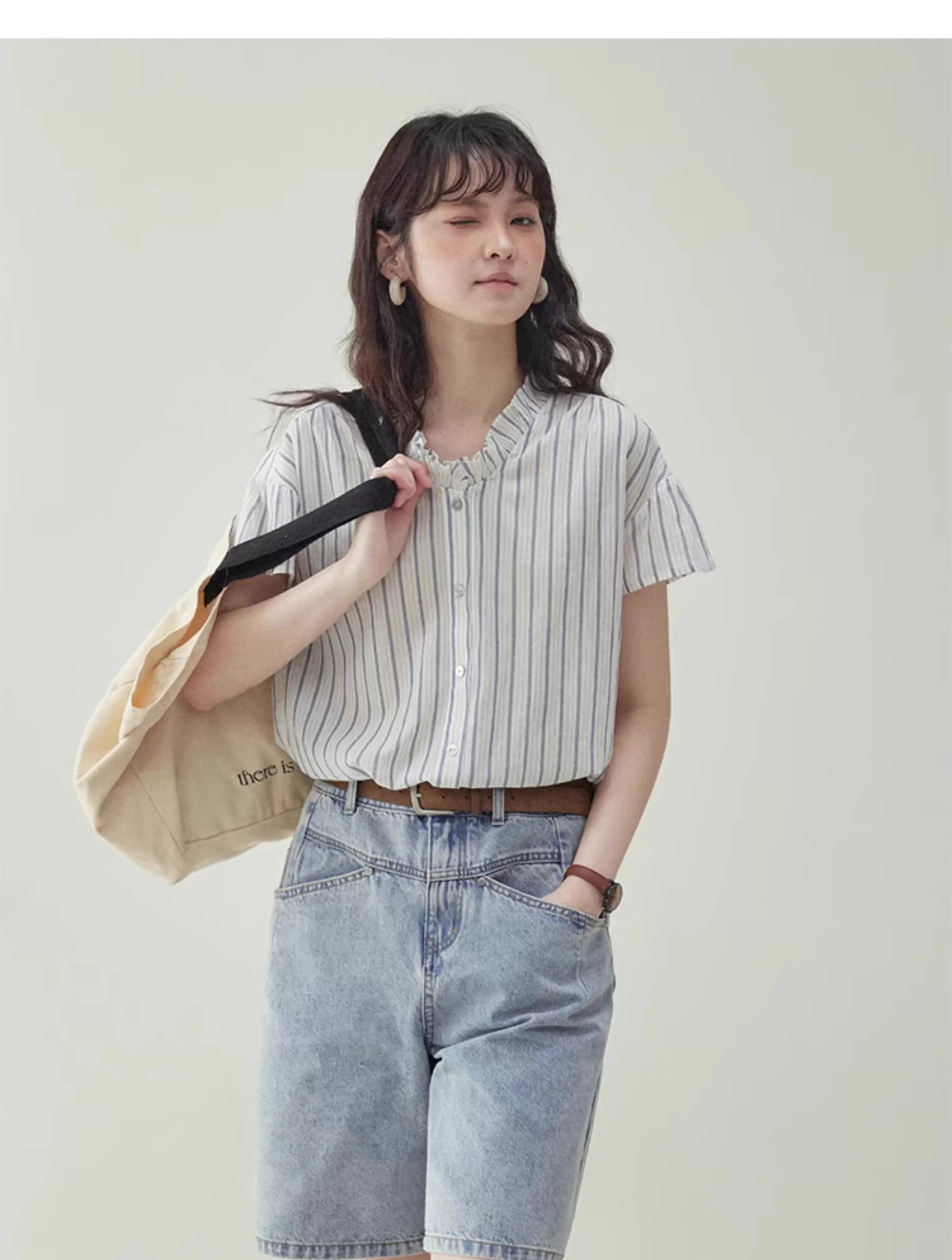 清爽豎紋花邊領短袖襯衫女夏季新款純棉寬鬆上衣