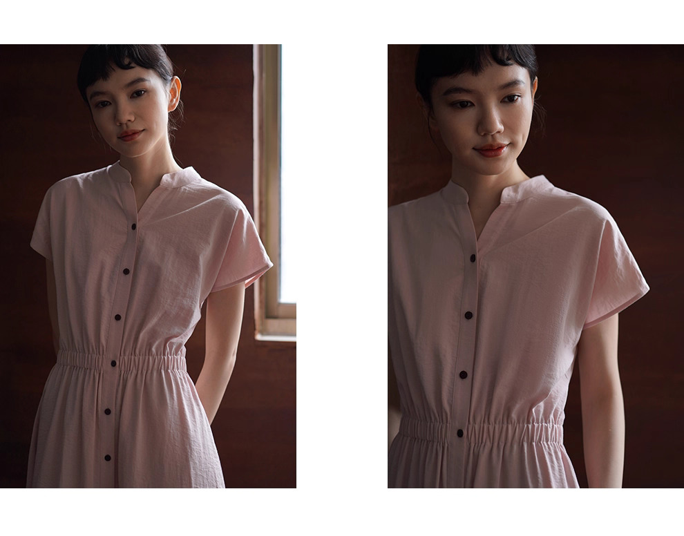 冰透粉晶洋裝寬鬆收腰短袖長撞色釦子立領襯衫裙子