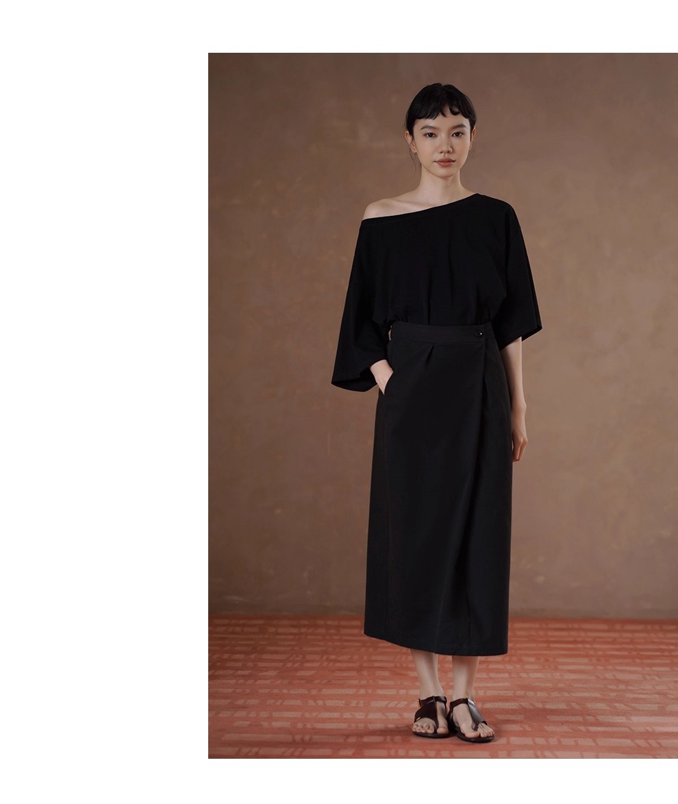 鬆弛自在法式上衣斜肩大領口輕薄透氣寬鬆顯瘦中袖T恤女