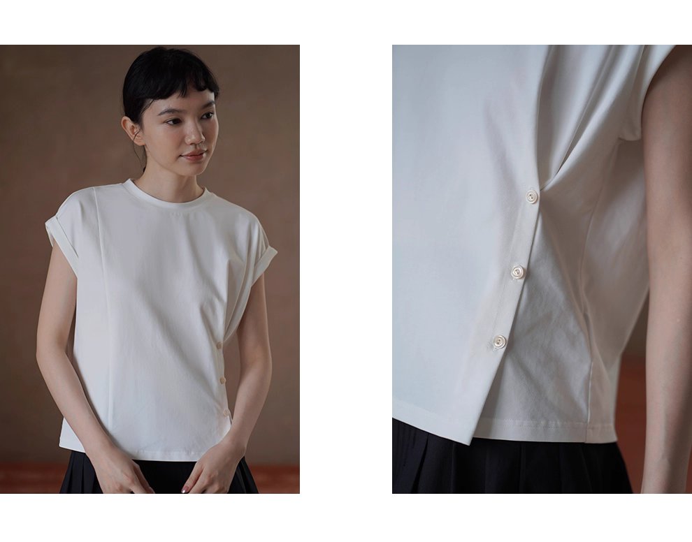 建構感白T恤側邊收腰羈扣設計修身圓領折邊短袖通勤上衣